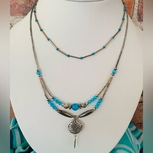 Native American Liquid Silver and Blue Cats Eye Layered Necklace Set